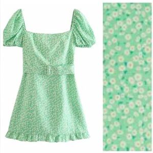 Zara Green Linen/Viscose Blend Floral Print Mini Dress. Size XS